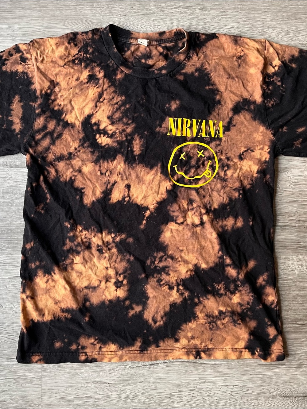 NIRVANA Black Tee with Orange Bleach and Yellow Logo